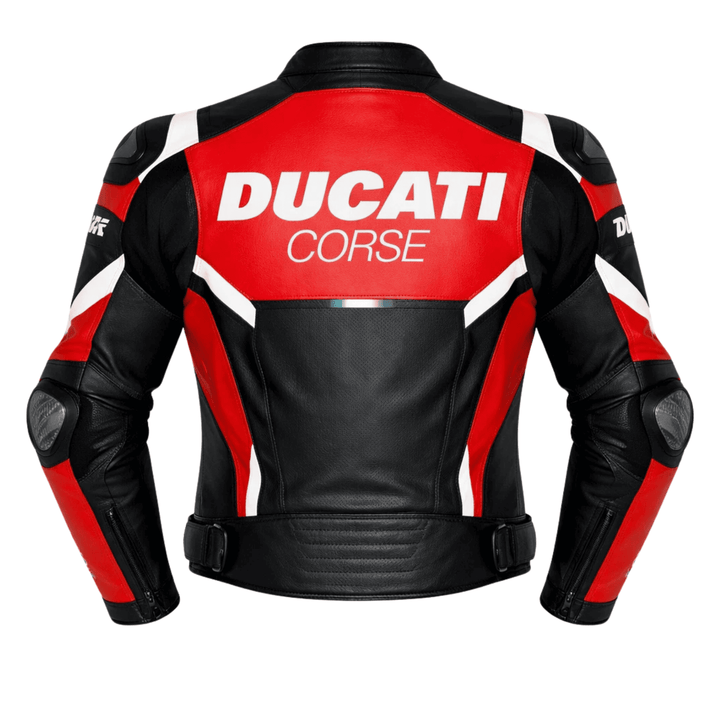 Men’s Ducati Corse Style Leather Motorcycle Jacket with CE Armor